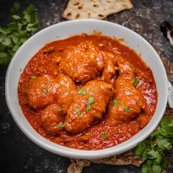 Vibrant red chicken curry in a white bowl, garnished with fresh cilantro, with flatbread in the background.