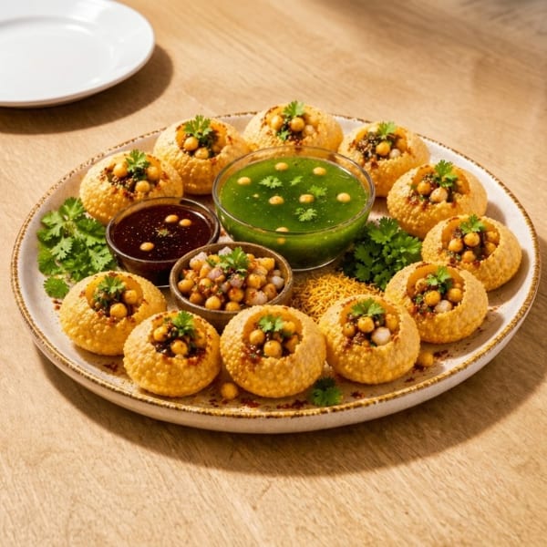 A plate of golden Pani Puri filled with chickpeas, served with green and brown chutneys.